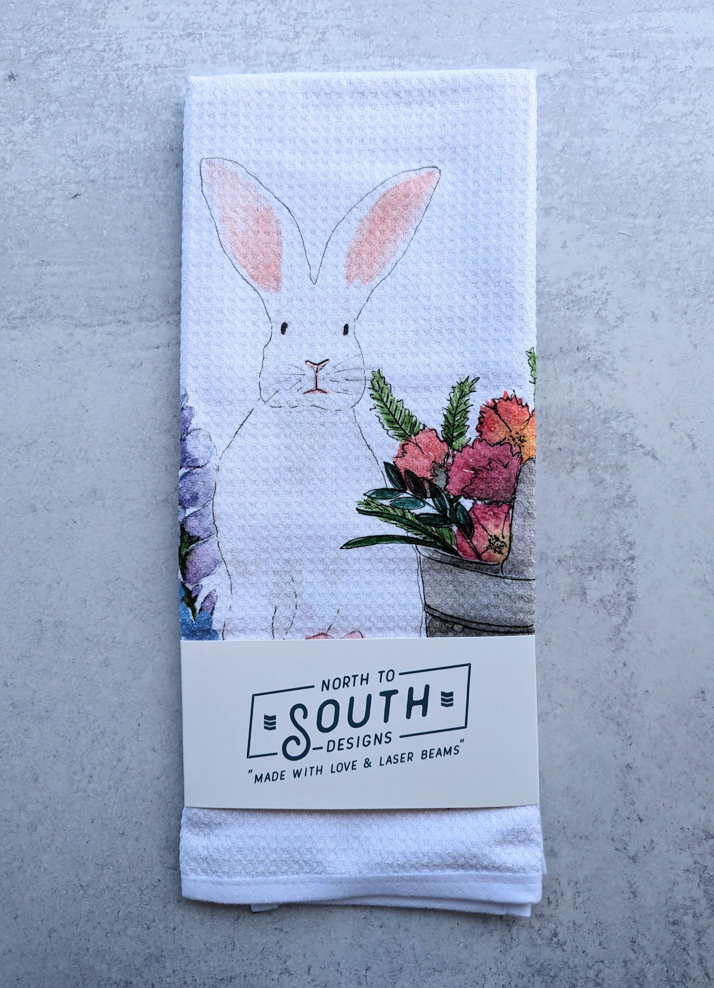 Large Kitchen Tea Towel - Spring Bunny with Flowers