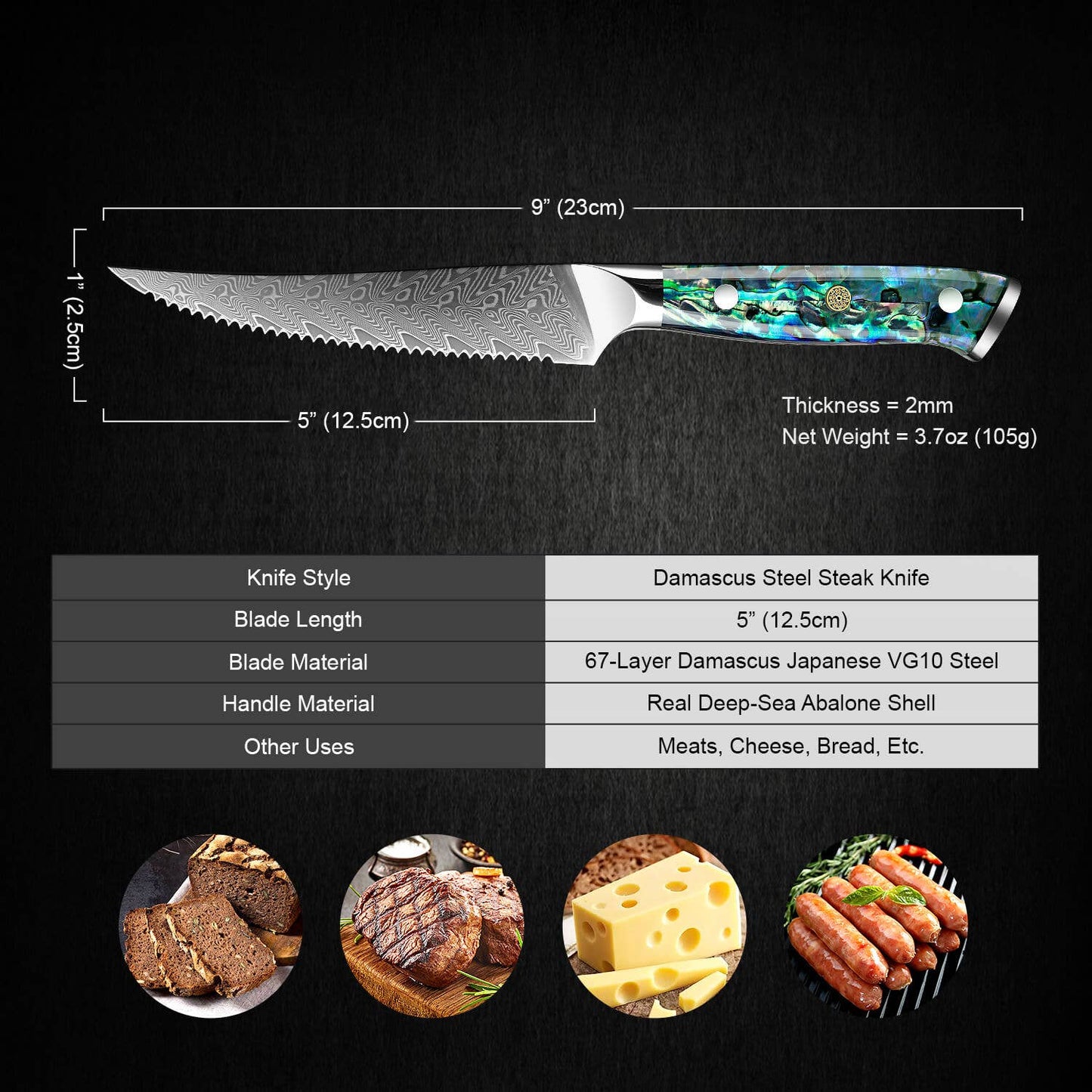 Damascus Steak Knife Set w Abalone Shell Handle, Set of 4