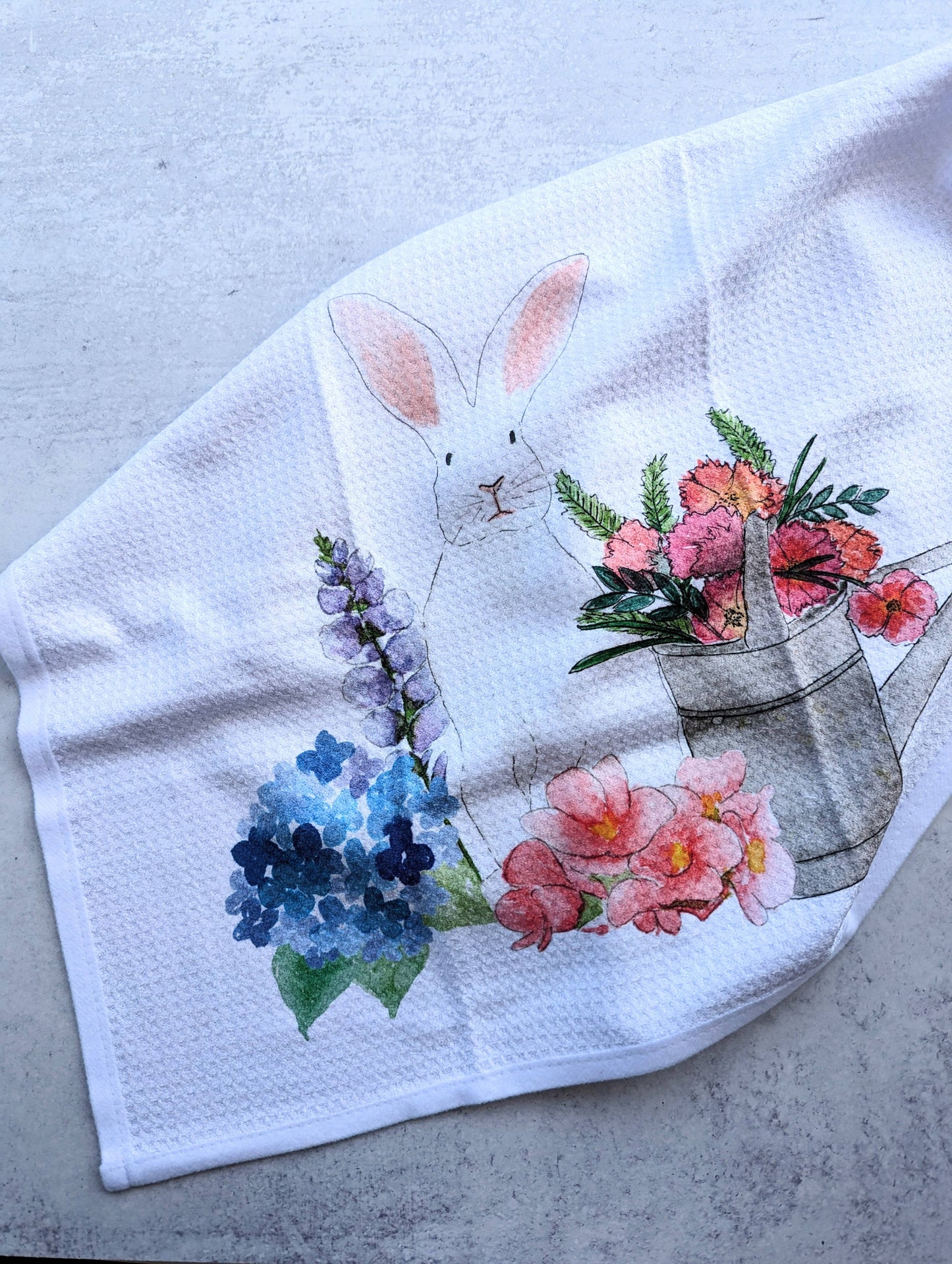 Large Kitchen Tea Towel - Spring Bunny with Flowers