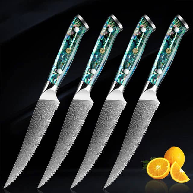 Damascus Steak Knife Set w Abalone Shell Handle, Set of 4