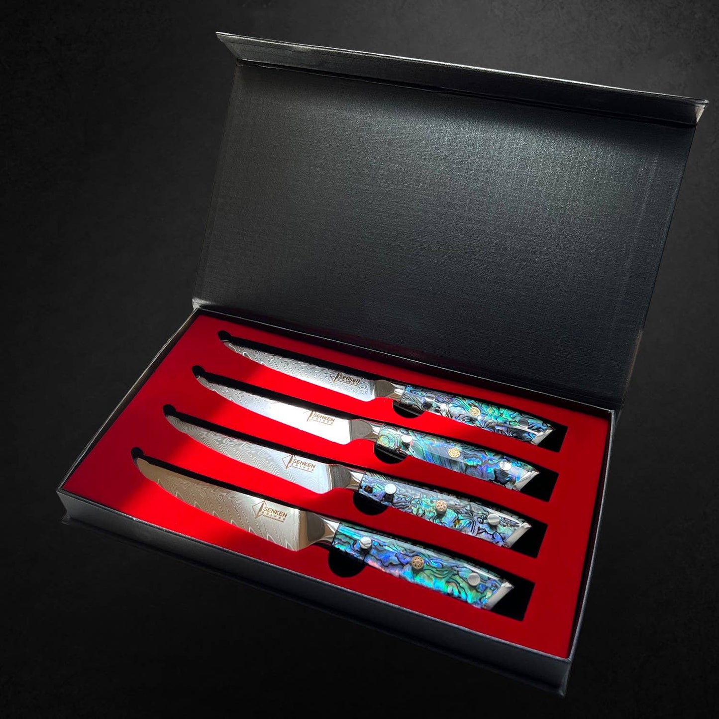 Damascus Steak Knife Set w Abalone Shell Handle, Set of 4