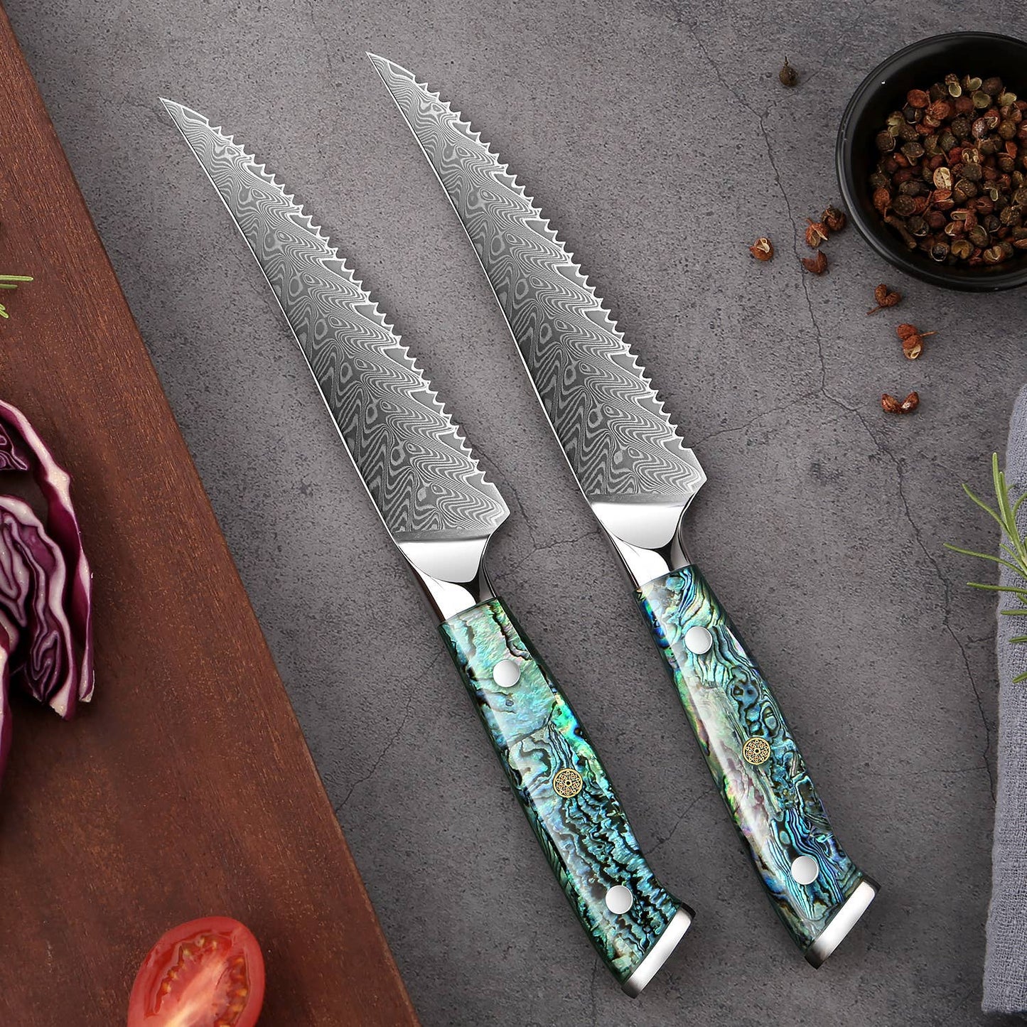 Damascus Steak Knife Set w Abalone Shell Handle, Set of 4